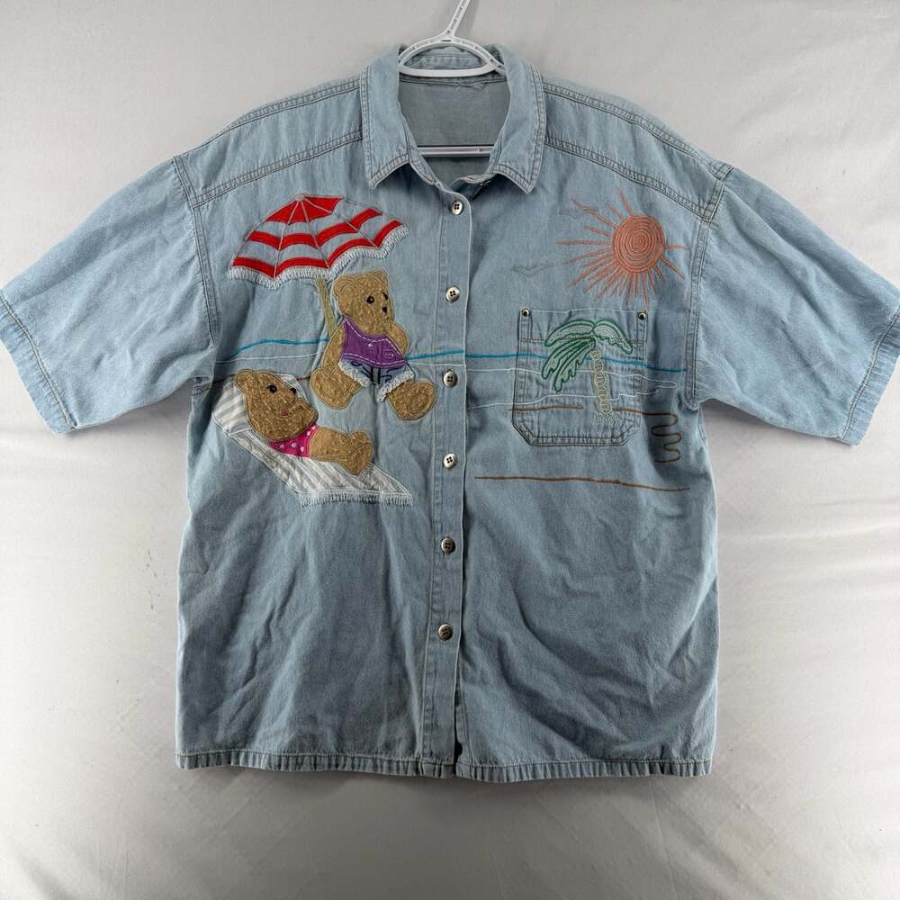 1379 L- Vintage Together Embroidered Teddy Bear Beach Denim Short Sleeve Button